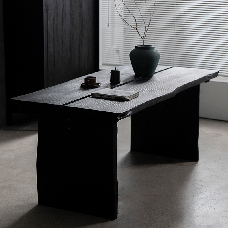 侘寂风碳化实木餐桌家用大板泡茶桌白蜡木桌子工作台书房茶台书桌
