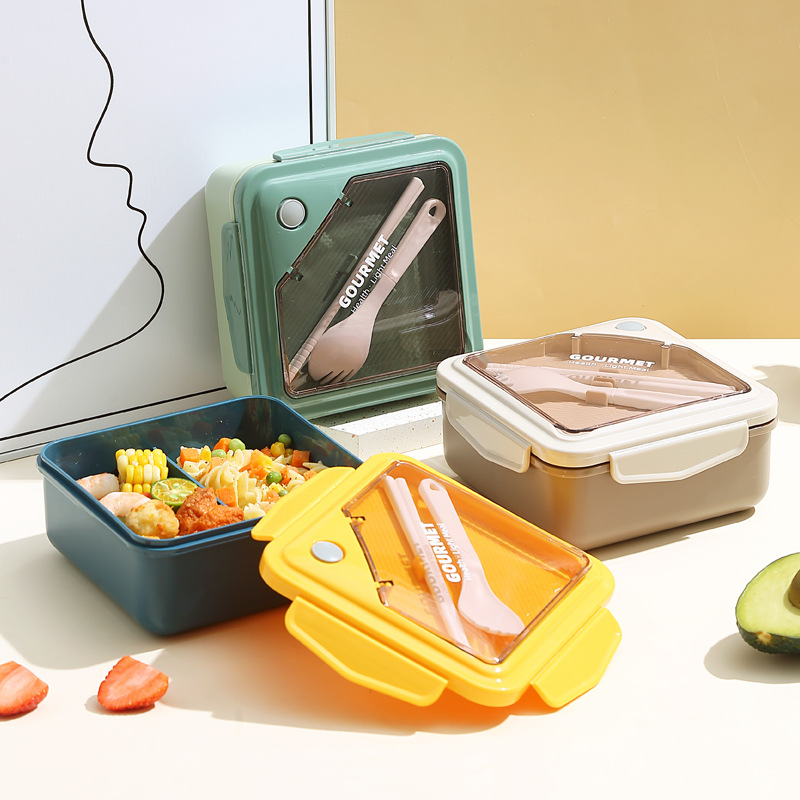 pp塑料分格饭盒微波炉加热分隔便当盒带餐具学生上班族便携午餐盒