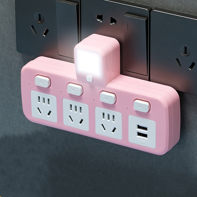 粉色插座转换器带夜灯靠墙转换器排插USB手机充电一转多智能无线电源开关插排扩展多插孔插板多功能转换插头