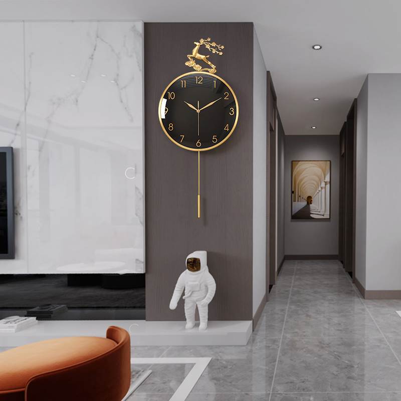 福鹿新中式钟表挂钟客厅家用轻奢风黄铜现代石英钟静音表挂墙时钟