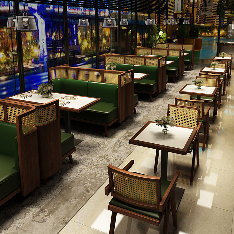 定制卡座沙发商用东南亚主题餐厅茶楼饮编藤火锅日料饭店实木桌椅