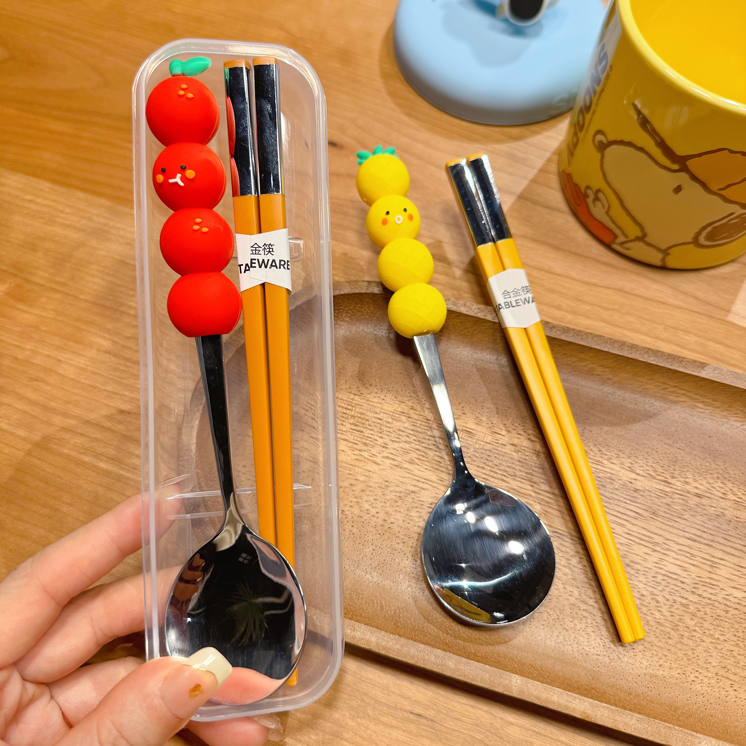 萌趣卡通筷子勺子套装便携餐具儿童学生上学外带餐具收纳盒三件套