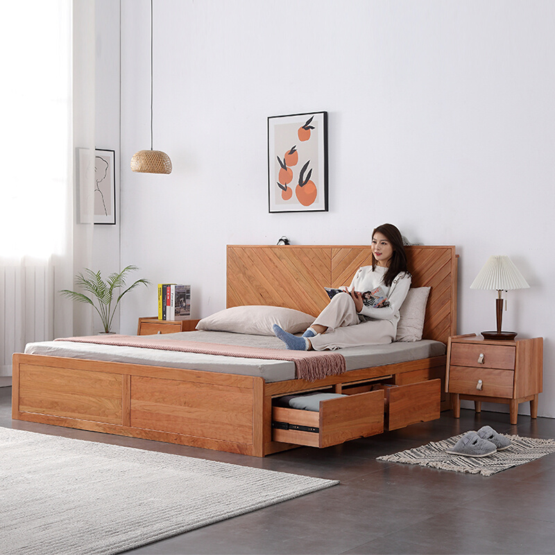 北欧全实木箱体床1.5米日式小户型樱桃木1.8米双人高箱储物抽屉床