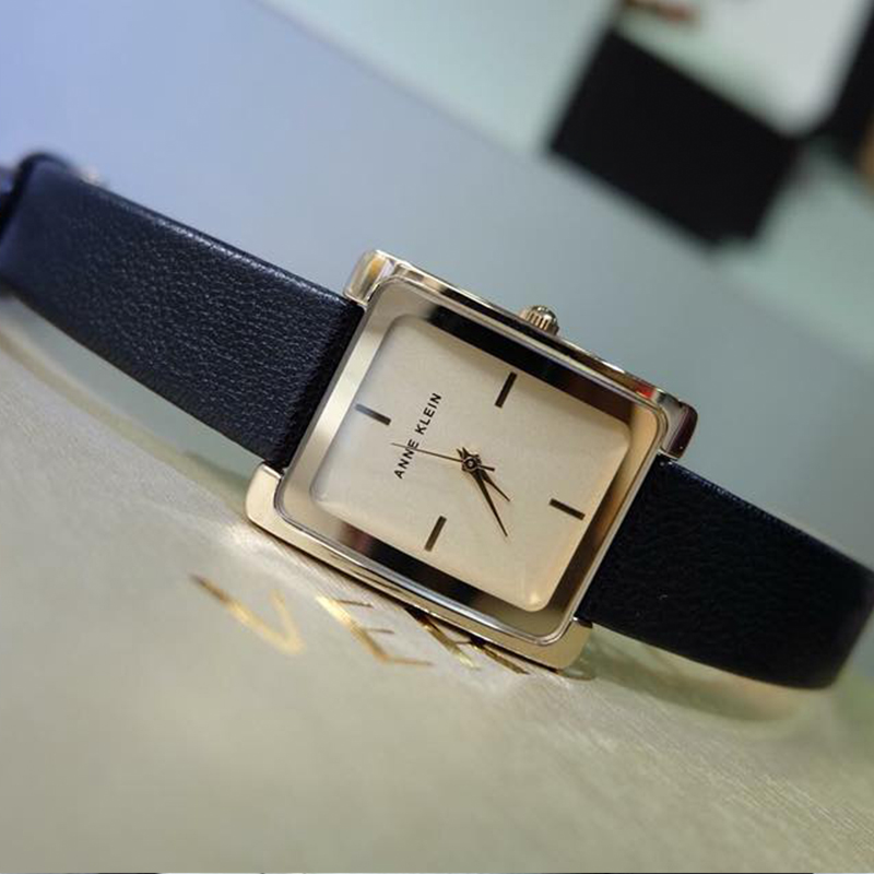 美国代购正品AK AnneKlein黑金款皮带简约AK2706CHBK方形女士手表