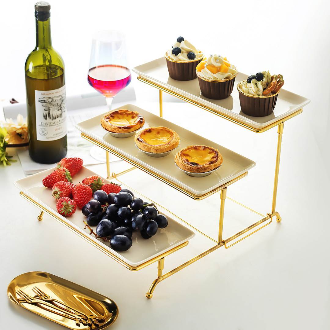 特别好看的水果盘蛋糕陶瓷点心架三层折叠旋转式甜品台自助餐展示