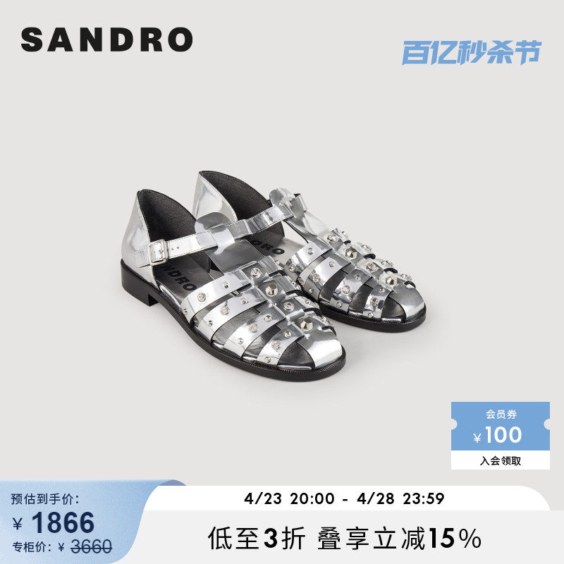 SANDRO Outlet女士法式时尚休闲铆钉水钻罗马平跟凉鞋SFACH00973