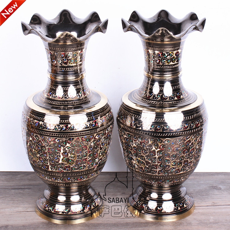 巴基斯坦铜器手工精雕彩点米尔花瓶复古金属铜花瓶中式家装摆设
