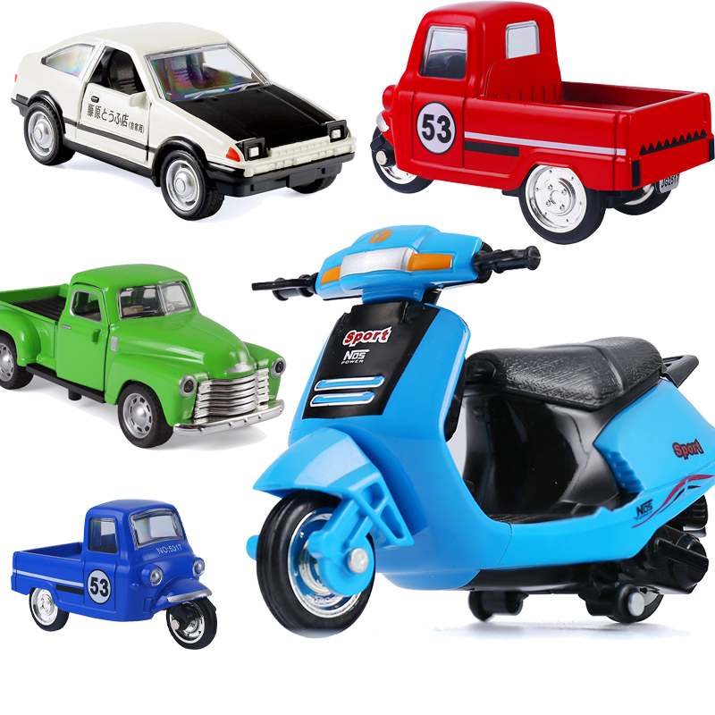 合金复古三轮车三蹦子踏板摩托车模型皮卡车回力玩具汽车小跑金属