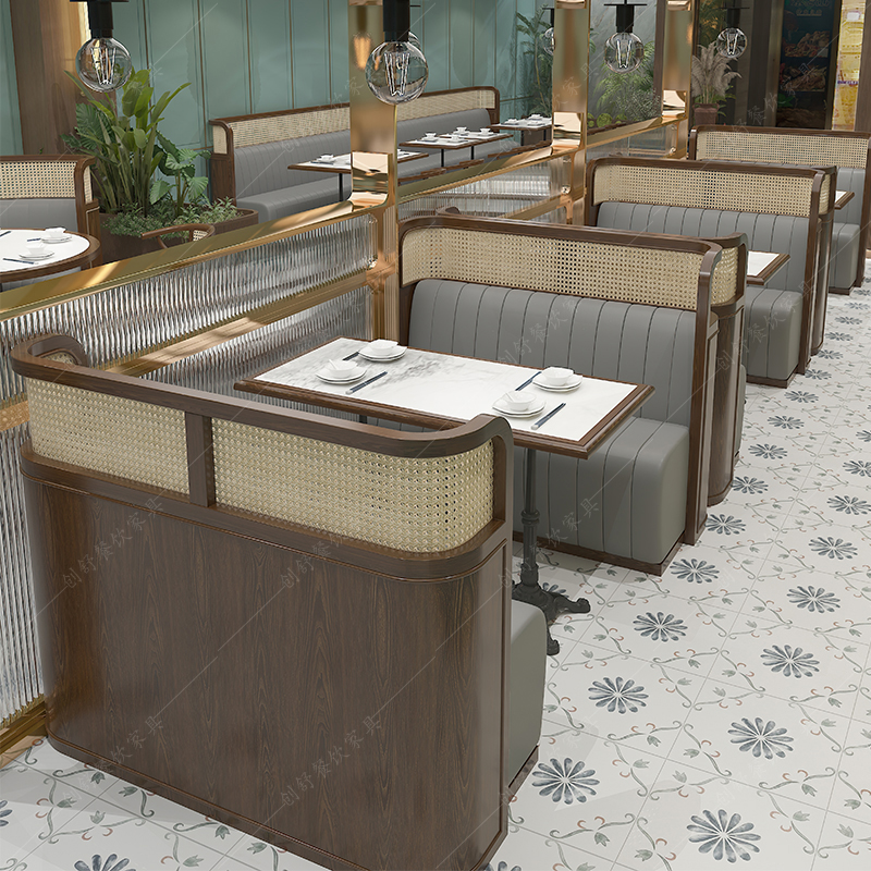 实木卡座沙发定制编藤茶楼主题餐厅咖啡日料东南亚风泰式桌椅组合