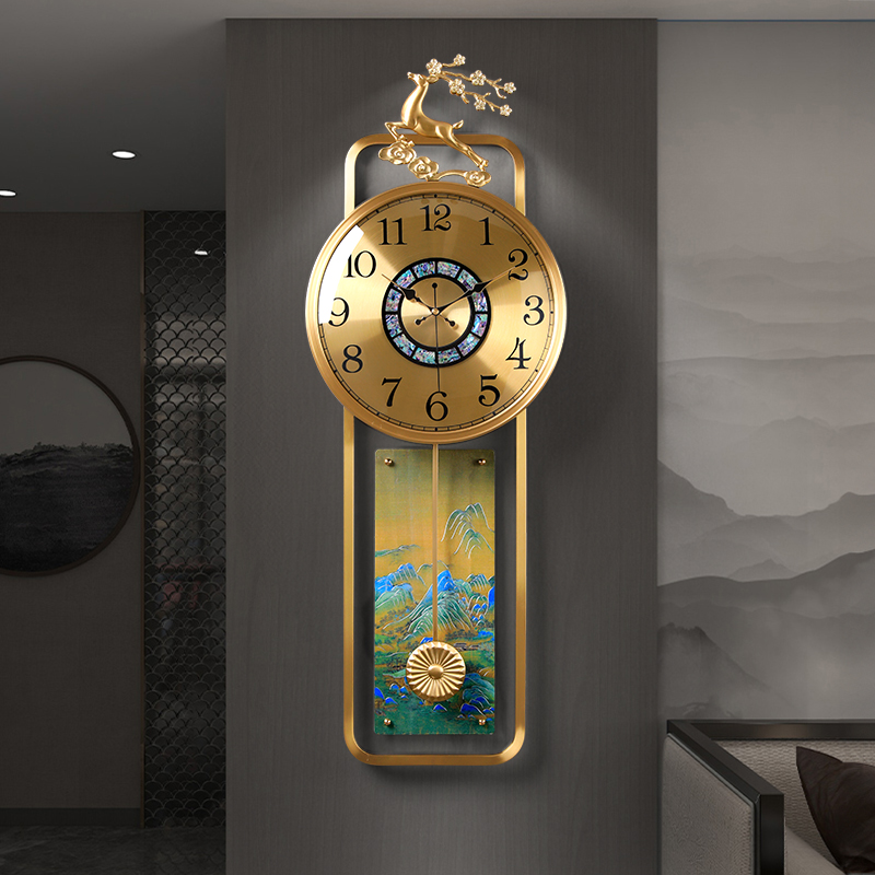 新中式黄铜挂钟客厅家用轻奢钟表2024新款高档挂表免打孔挂墙时钟