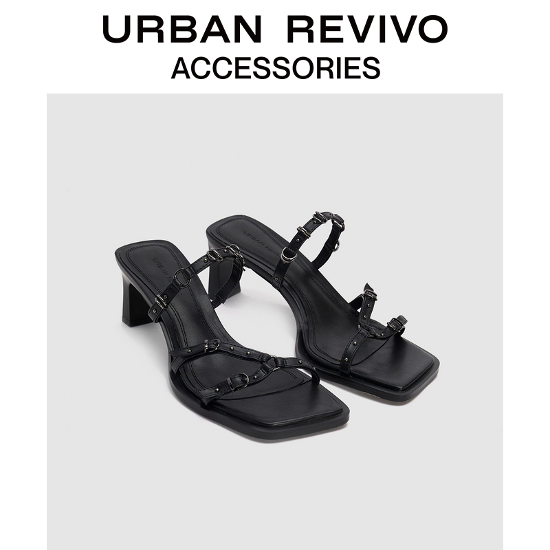 URBAN REVIVO2024夏季新款女士潮流铆钉中跟拖鞋UAWS40089