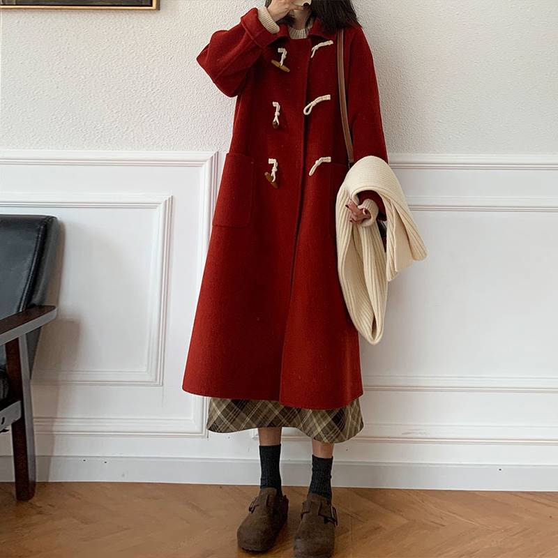 红色双面羊绒大衣2022秋冬季新款小个子牛角扣毛呢子外套韩系气质