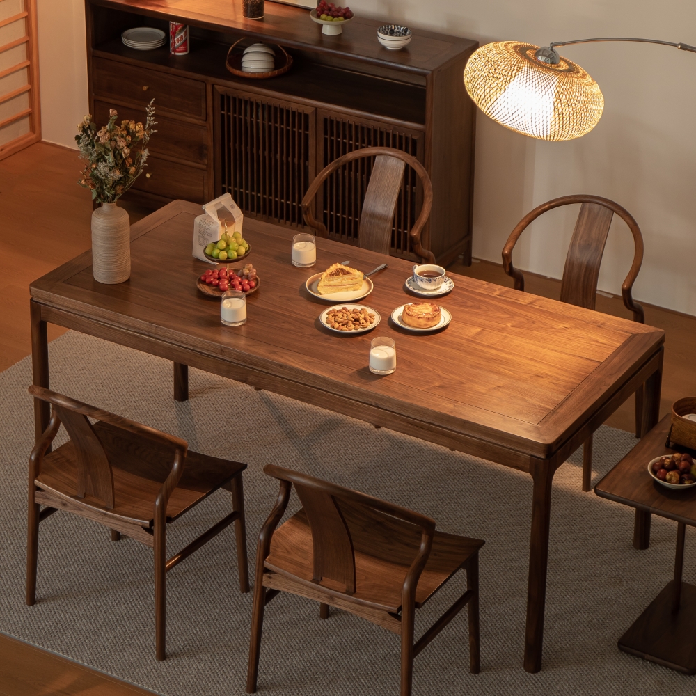 空器实木长方形原木桌子新中式家用饭桌黑胡桃木餐桌椅组合工作台
