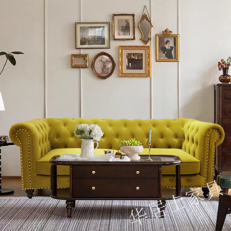 美式布艺复古绿丝绒沙发法式轻奢客厅小户型中古拉扣欧式直排沙发