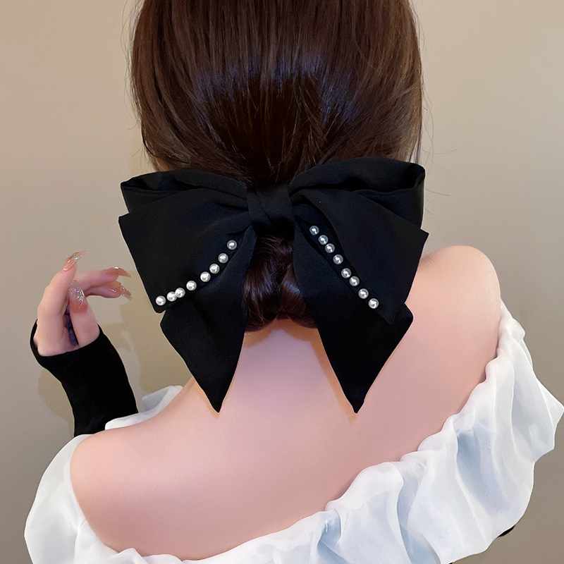 气质黑色大蝴蝶结头饰发夹后脑勺高级感珍珠发卡女夏季优雅弹簧夹
