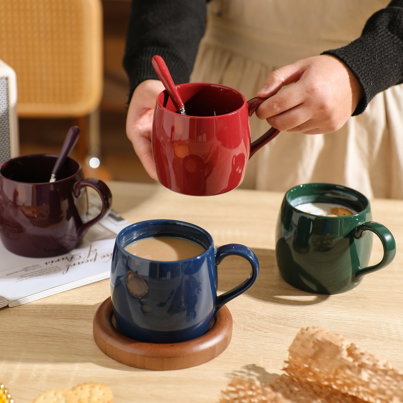 舍里欧式宝石色马克杯带勺高档精致咖啡杯子创意情侣对杯陶瓷水杯