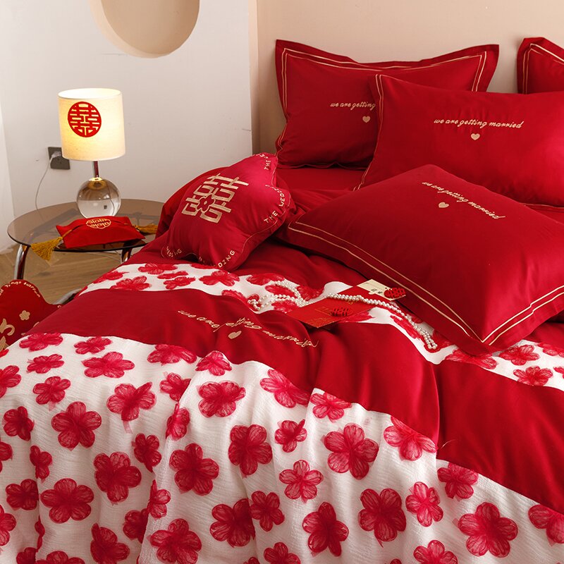 简约中式新婚庆红色四件套全棉双面100s刺绣纯棉结婚被套床上用品