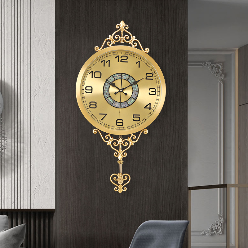 欧式轻奢家用挂钟客厅创意装饰时尚钟表黄铜静音挂墙表现代石英钟