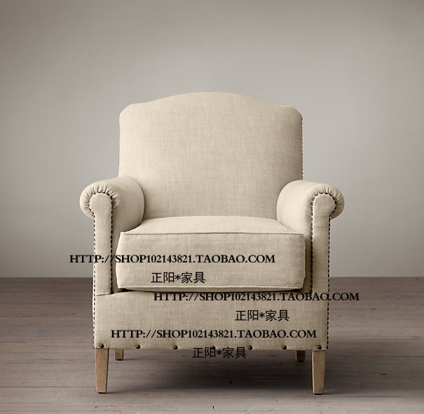 比利时美式实木铆钉亚麻布艺单人位沙发椅洽谈椅交椅民宿客栈家具