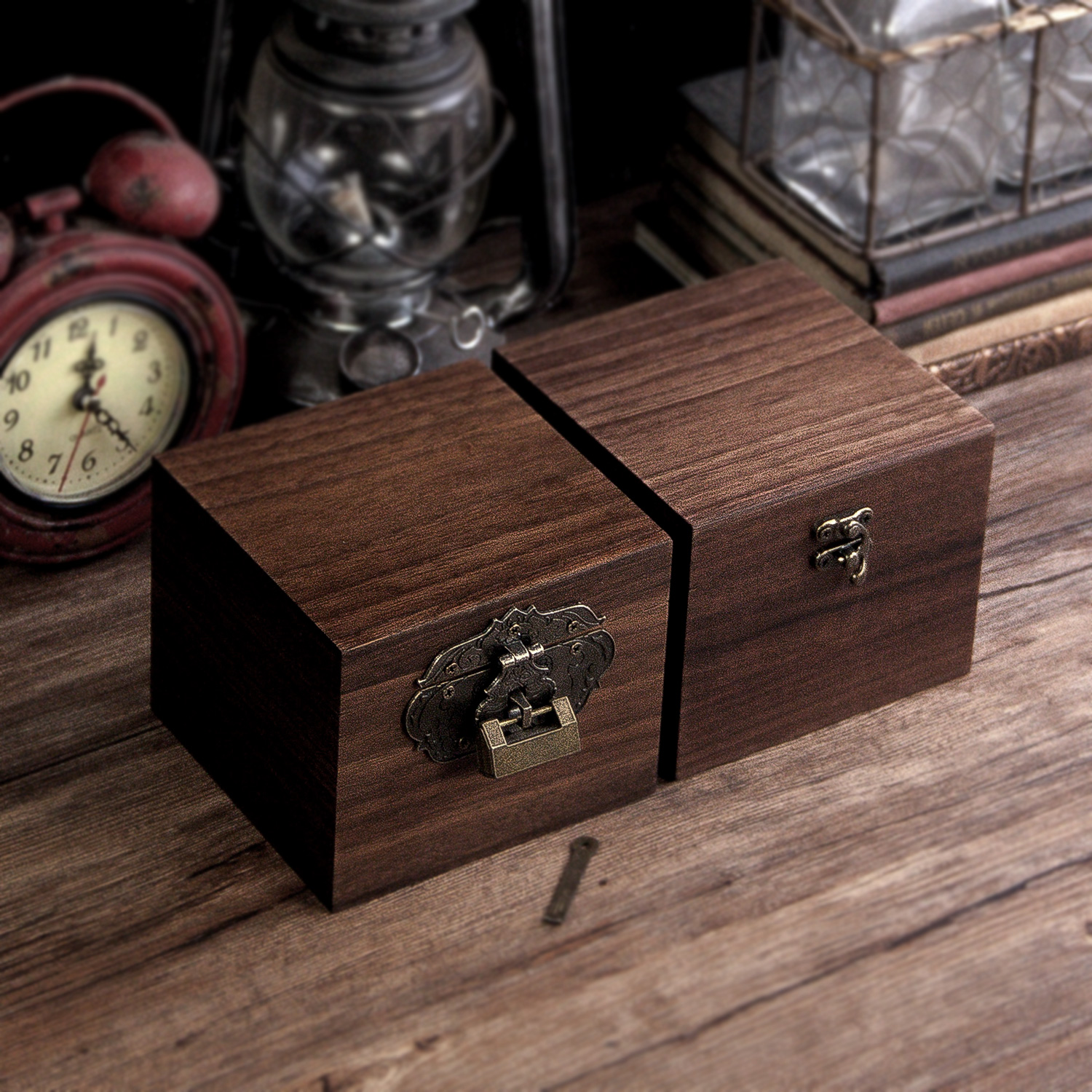 黑胡桃带锁小木盒桌面收纳盒小盒子木质实木复古木制储物收藏整理