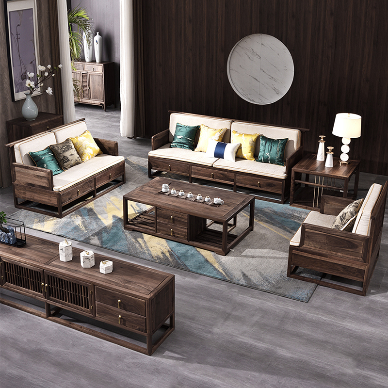 北美黑胡桃木沙发全实木沙发123组合小户型现代新中式客厅家具