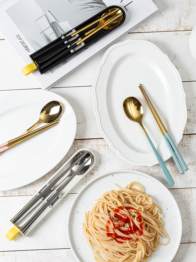 304不锈钢筷子勺子套装学生便携餐具单人装式两件套件套收纳盒