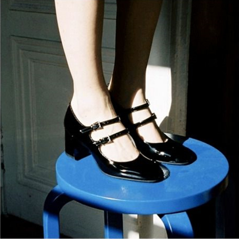 carel新款玛丽珍脚背一字双带黑色漆皮中跟高粗跟复古法式单鞋女