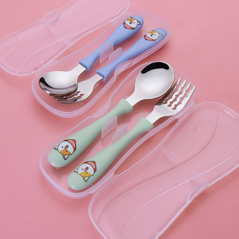 宝宝勺子学吃饭训练儿童叉子不锈钢婴儿叉勺餐具套装可爱便携式