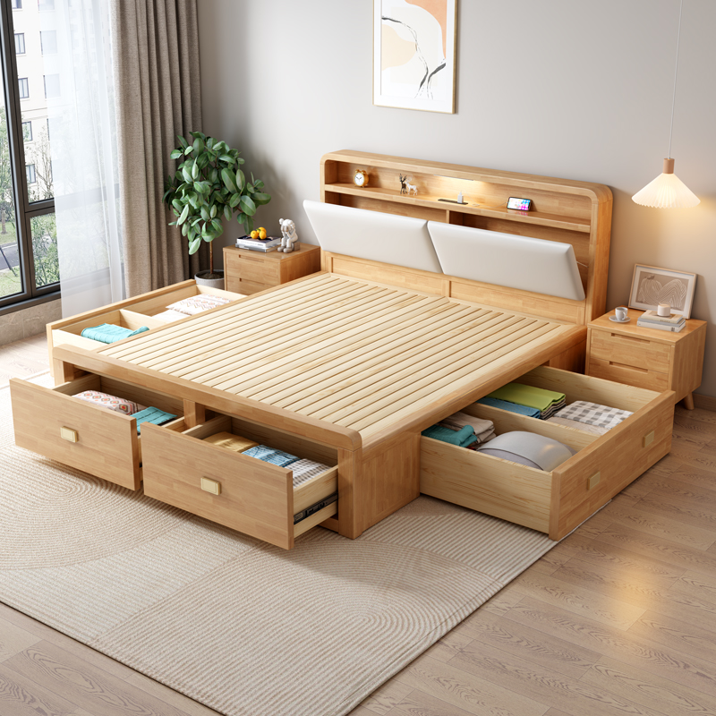 北欧轻奢1.2米实木箱式箱体床现代简约双人床1.8米高箱抽屉储物床