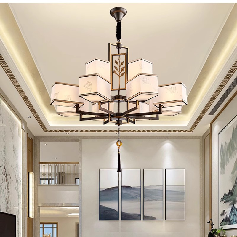新中式酒店包间吊灯家装客厅餐厅灯简约吊灯方形灯罩吊灯禅意灯具