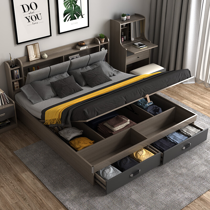 定制北欧床约高箱储物床小户型双人主卧大床箱体床榻榻米板式床
