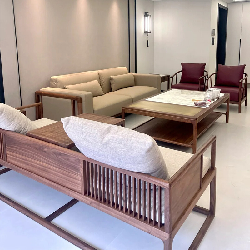新中式北美黑胡桃木沙发简约禅意客厅酒店全实木轻奢沙发组合家具