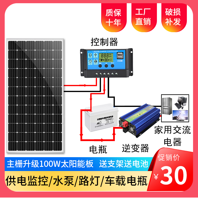 全新120W单晶太阳能充电板24V监控发电家用系统太阳能板带蓄电池