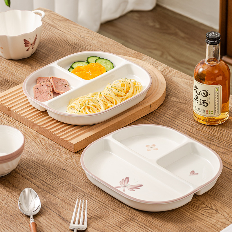 釉下彩陶瓷分隔餐盘211一人食餐具日式早餐盘子家用减脂减肥分格