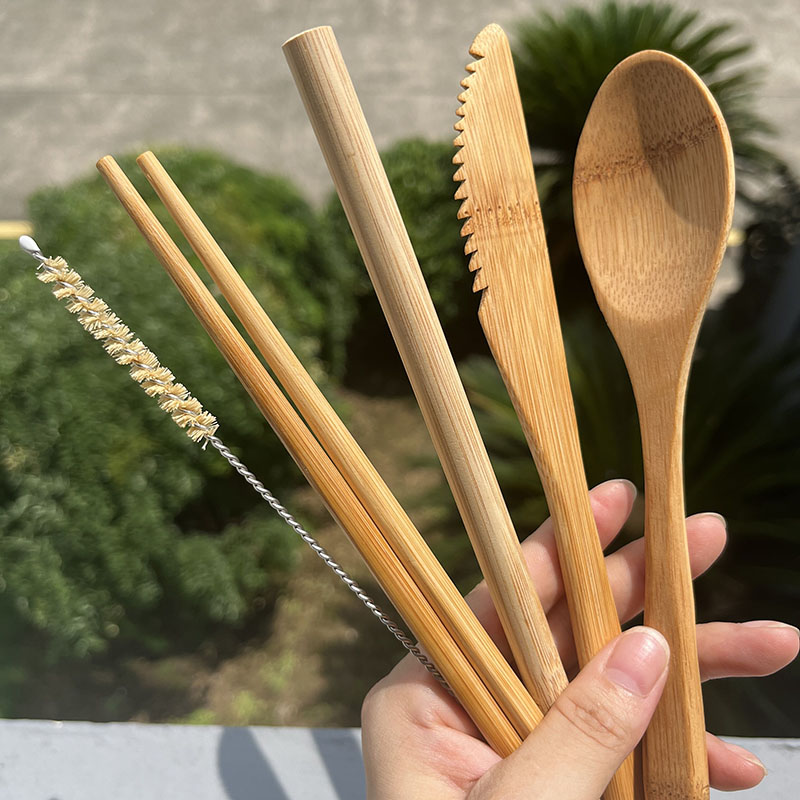 当一次性用也划算！竹制刀叉勺筷子吸管刷6件套装野营便携式餐具