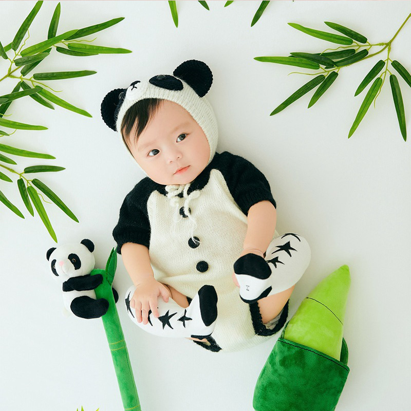超萌卡通熊猫主题百天岁拍照衣服套装 婴儿服装照相儿童摄影道具