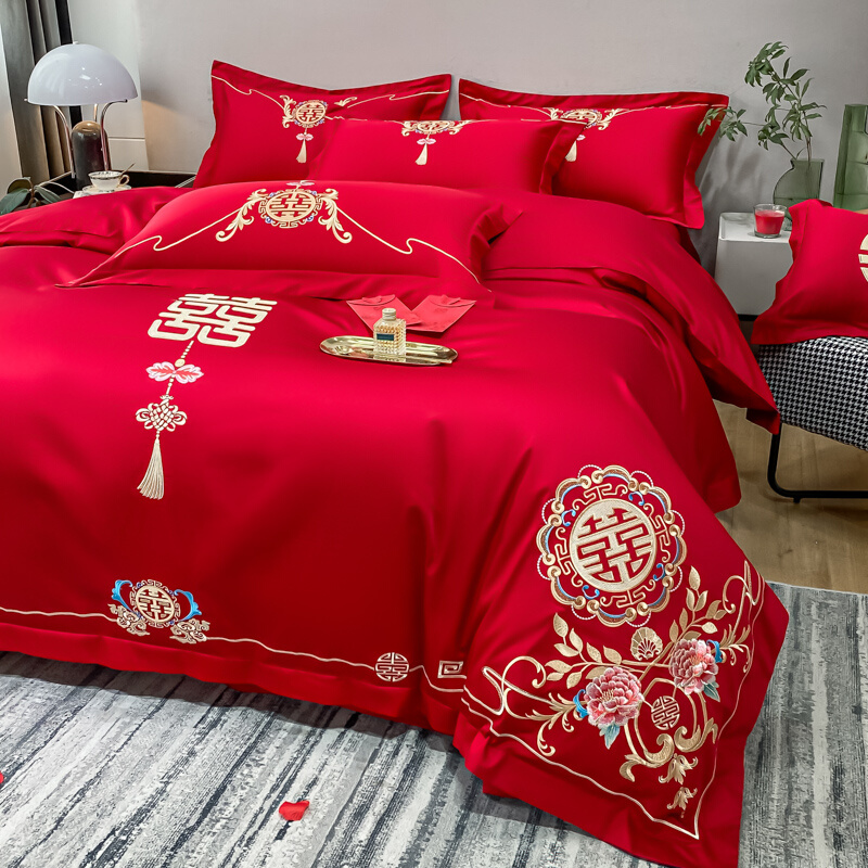 新中式婚庆红色床品高端大气刺绣被套亲肤棉床单喜被婚房双人床品