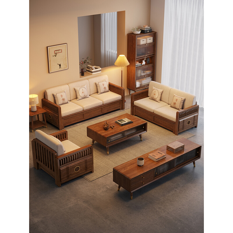 。新中式沙发客厅现代简约组合全实木家具质小户型北欧冬夏两用储
