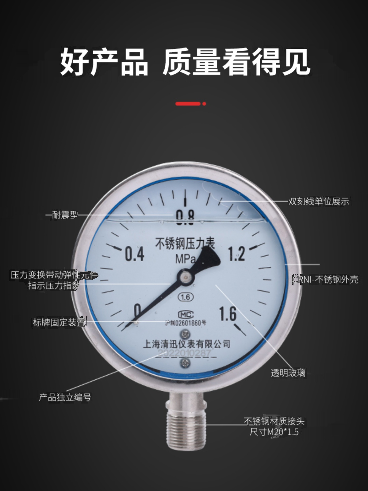 YN100BF不锈钢耐震压力表304/316L接头表壳耐腐蚀0-0.6/1.6Mpa