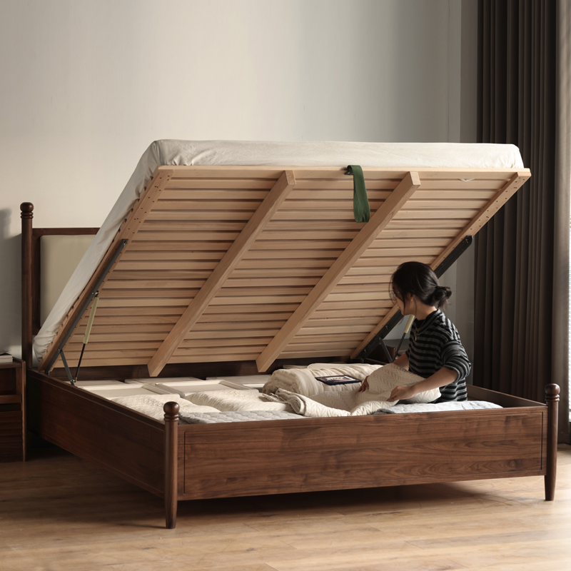 北欧复古黑胡桃木箱体床现代简约日式小户型全实木高箱储物双人床