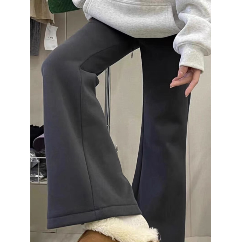 深灰色微喇叭休闲卫裤女秋冬季加绒加厚小个子显瘦高腰直筒阔腿裤