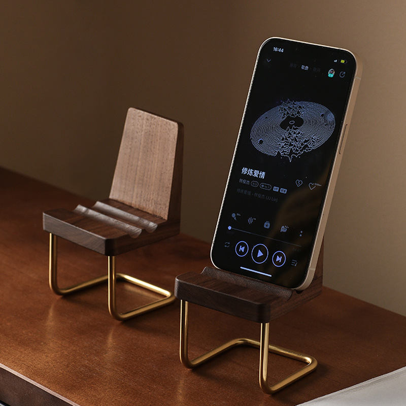 黑胡桃创意手机支架小凳子实木网红椅子平板卡座桌面摆件木质懒人
