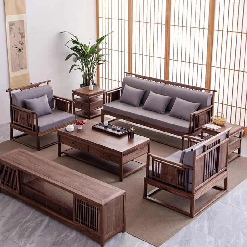 新中式北美黑胡桃木沙发 实木禅意家用客厅布艺123组合办公室家具