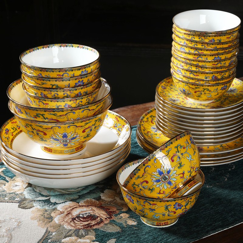 碗家用陶瓷碗宫廷风中式饭碗盘子珐琅彩景德镇餐具套装骨瓷碗面碗