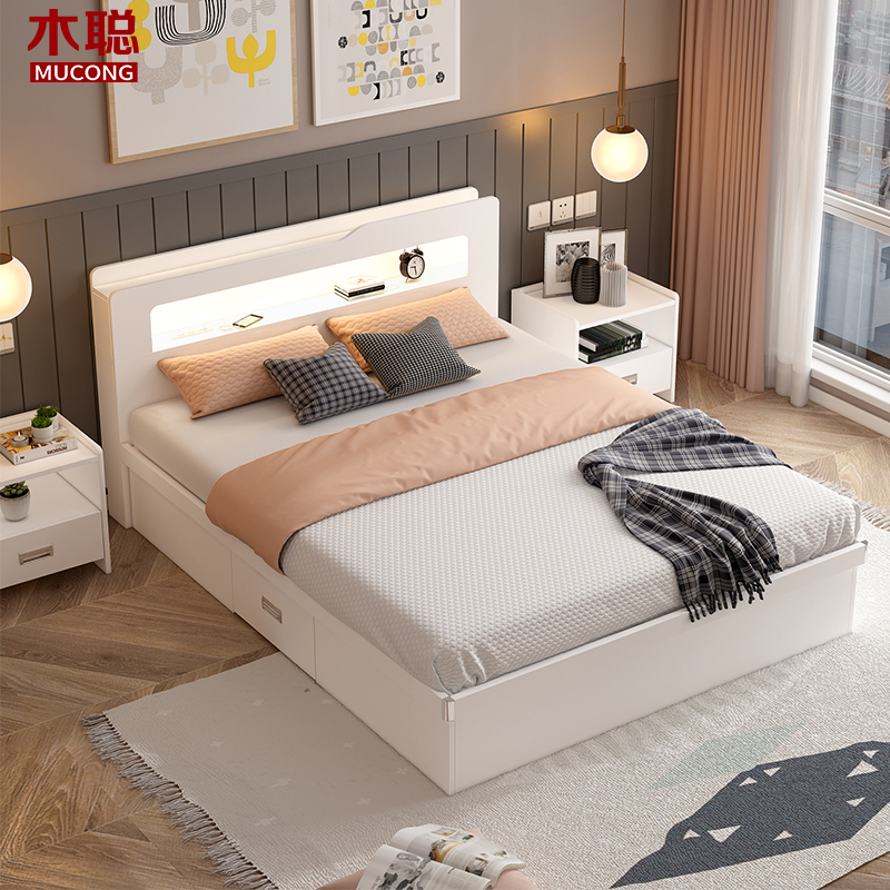 多功能气压箱体储物板式床现代简约1.8米1.5米床双人床地台床M6