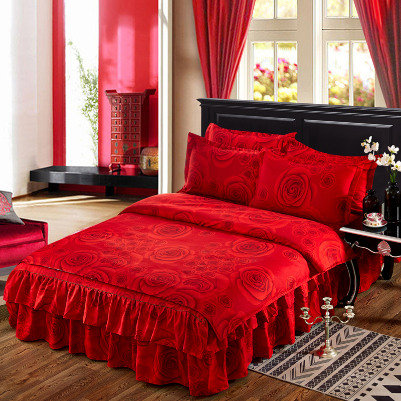 婚庆红色加厚纯棉四件套床裙式1.5m1.8米2.0全棉床罩床笠被套床品