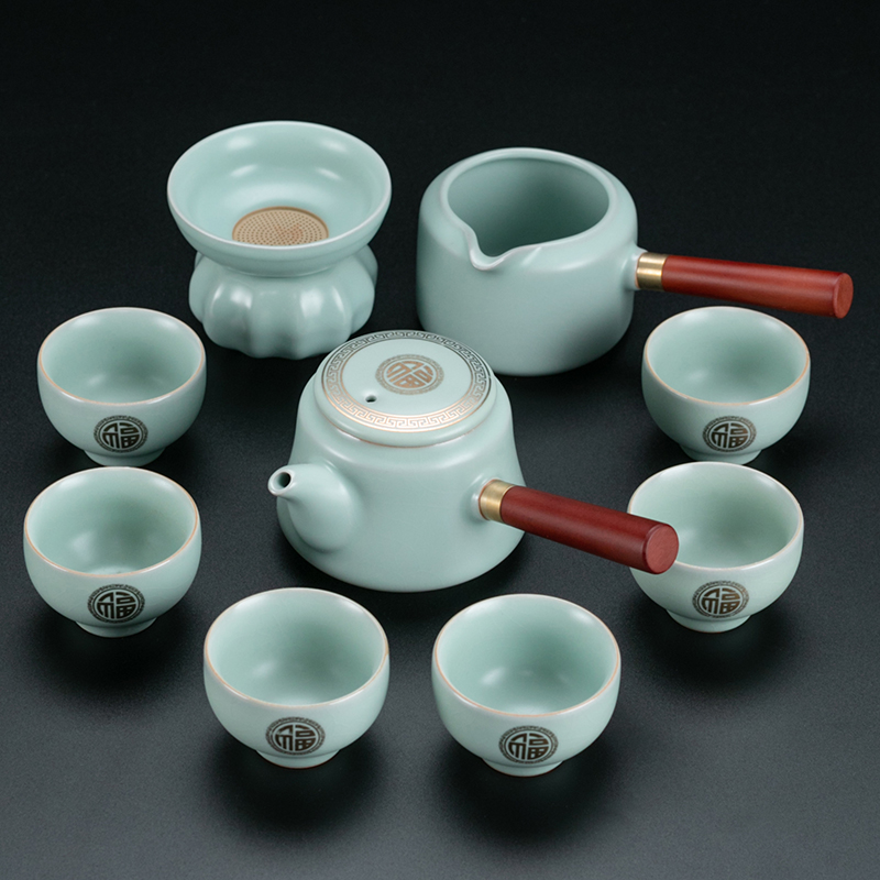 汝窑金福功夫茶具套装木质侧把壶茶杯整套泡茶器家用防烫可养中式