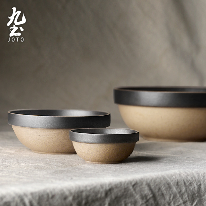九土手工陶碗套装日式陶瓷碗汤碗面碗复古餐具家用钵碗土碗黑色碟