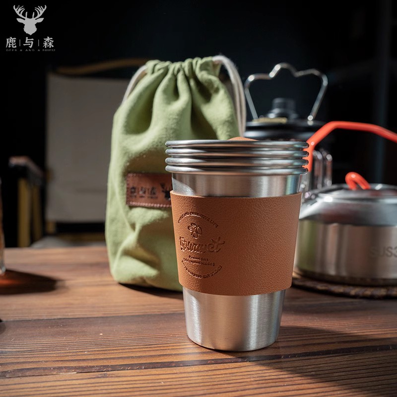 露营食品级304不锈钢折叠水杯套装带盖便携式咖啡杯子户外餐具