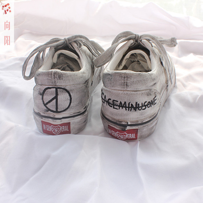 韩国ulzzang复古权志龙同款手绘帆布女原宿学生平底脏鞋做旧白鞋